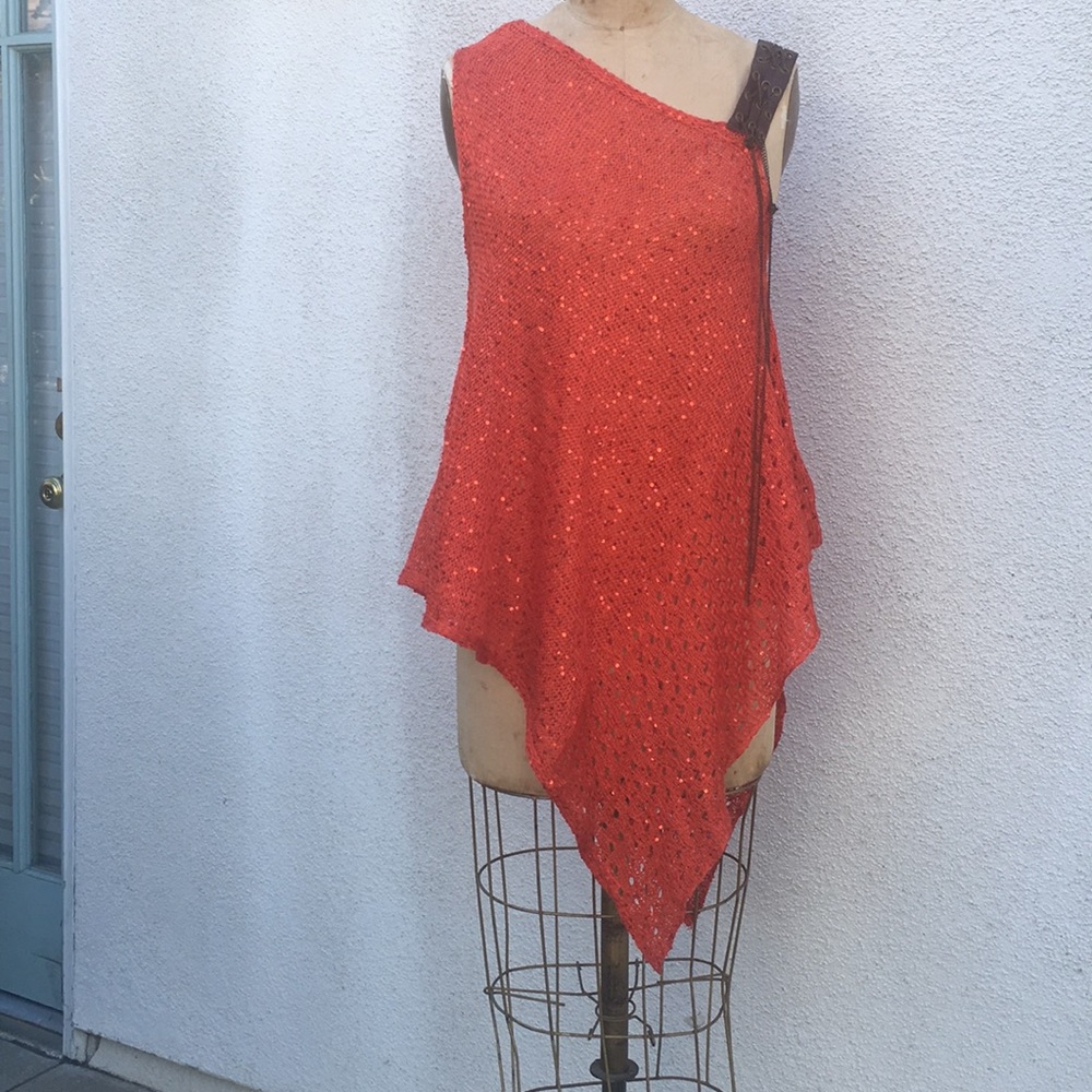 Knit poncho w/ faux leather detail & chain accent